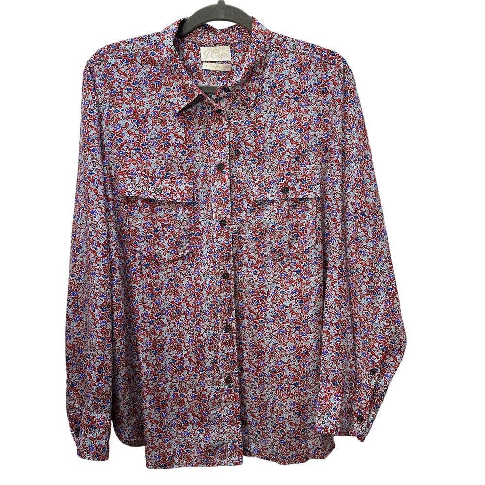 J CREW Silk Blouse Button Down Shirt Red LS Ditsy Floral Classic Women Sz 16